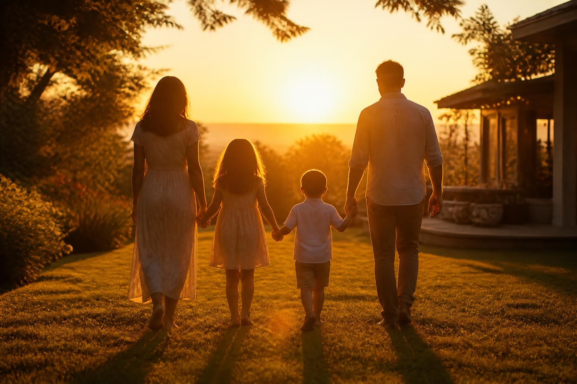 Família caminhando junta ao fim da tarde, representando um novo começo